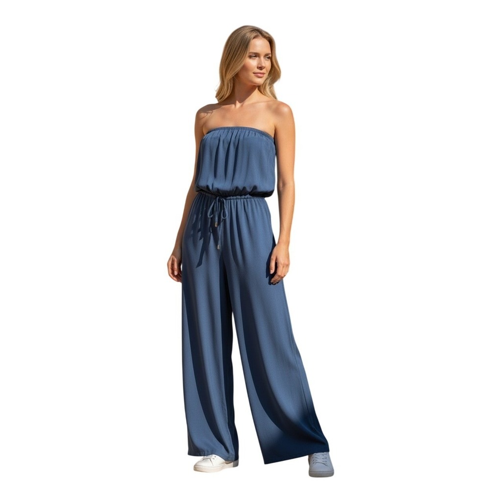 True Destinations Moonlight Blue Strapless Wide Leg‎ Resort Jumpsuit NWT